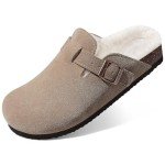 KIDMI Women's Fur Lined Suede Clogs Fuzzy Cork Footbed Mules Slip On Winter Potato Shoes, Taupe 40 (Size 8.5-9)