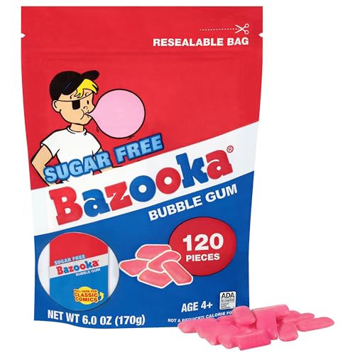 Bazooka Sugar-Free Bubble Gum Pellets Bag - 120 Count Bulk Gum, Original Flavor, Resealable Pouch Perfect for Sharing, Ideal for Parties & Vintage Themes, Nostalgic Chewy Gum