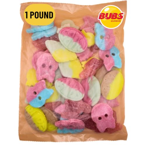 Bubs Swedish Godis Candy, 1 Pound Mix, Sweet and Sour Candy Mix, Foam Candy, Vegan Foam Candy, Bubs Giant Sour Foam Raspberry Skulls, Bubs Watermelon Foam Candy, Bubs Banana Foam Candy, Bubs Dizzy Skull Sour Foam Gummies, Bubs Sour Bolt Gummy, Bubs Sour Tutti Frutti Candy, 1 Pound Mixed Bag, Packed in a Blue Desert Market Bag