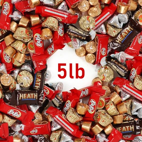 Assorted Chocolate Mix Candy Variety Pack for Kids and Party Favors - Bulk Individually Wrapped Reeses Miniature Cups, KitKat, Hersheys Kisses, Rolo, and Heath Candy Mini Assortment, 220 Pieces, 5LB
