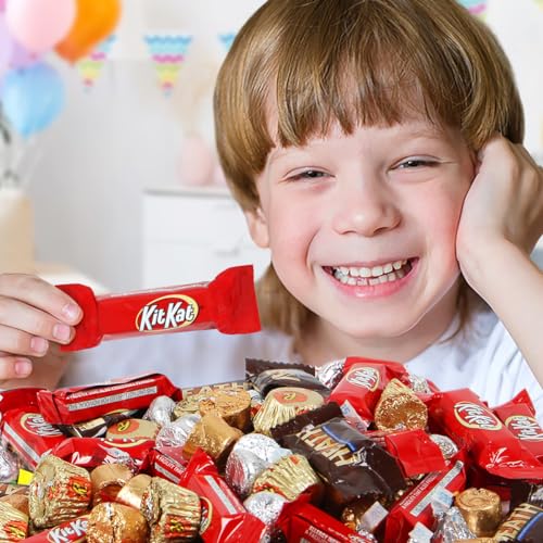 Assorted Chocolate Mix Candy Variety Pack for Kids and Party Favors - Bulk Individually Wrapped Reeses Miniature Cups, KitKat, Hersheys Kisses, Rolo, and Heath Candy Mini Assortment, 220 Pieces, 5LB