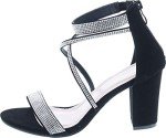 TOP Moda Rosa-66 Ankle Strap Dressy High Heel Sandal, Non-slip Sole, For Wedding, Party, Prom, Evening Wear, or Any Occasion, Sleek Style Block Heel Sandals, Black Nubuck, 7.5