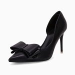 Womens Bow Heels Closed Pointed Toe Dress Shoes Stiletto Slip on Wedding Pumps Black
