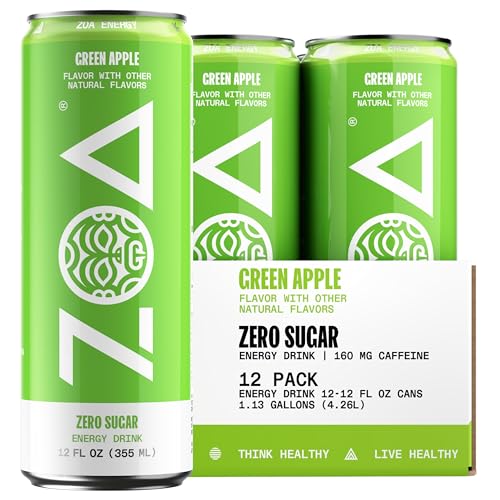 ZOA GREEN APPLE Sugar Free, Low Calorie Energy Drinks | Healthy B & C Vitamins | Electrolytes for Hydration | 160mg Caffeine from Green Tea | 12 Fl Oz Cans (12 Pack)
