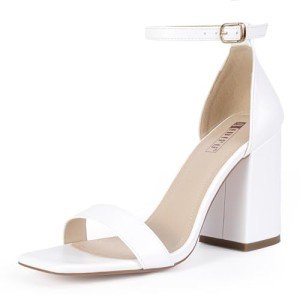 IDIFU White Heels High Chunky Block Heels Square Open Toe Ankle Strap Heeled Sandals Wedding Bridal Prom Dressy Comfortable Sexy Trendy Bride Bridesmaid Dress Shoes Cute Thick Heels(White Pu, 8)