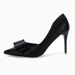 Womens Bow Heels Closed Pointed Toe Dress Shoes Stiletto Slip on Wedding Pumps Black