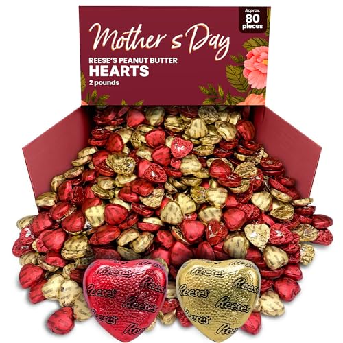 Reeces Peanut Butter Hearts Happy Mothers Day Chocolate, Milk Chocolate Peanut Butter Creme - 2 Pounds Approx 80 Hearts Gold & Red Foil Individually Wrapped Snacks - Perfect Chocolate Gift - Bulk Candy Mothers Day Chocolate Gift Box Candy Gift Basket