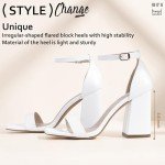 IDIFU White Heels High Chunky Block Heels Square Open Toe Ankle Strap Heeled Sandals Wedding Bridal Prom Dressy Comfortable Sexy Trendy Bride Bridesmaid Dress Shoes Cute Thick Heels(White Pu, 8)