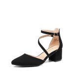 DREAM PAIRS Women's Closed Pointed Toe Low Chunky Heels Pumps Ankle Strap Wedding Business Dressy Shoes SDPU2354W Size 8, Black-Nubuck