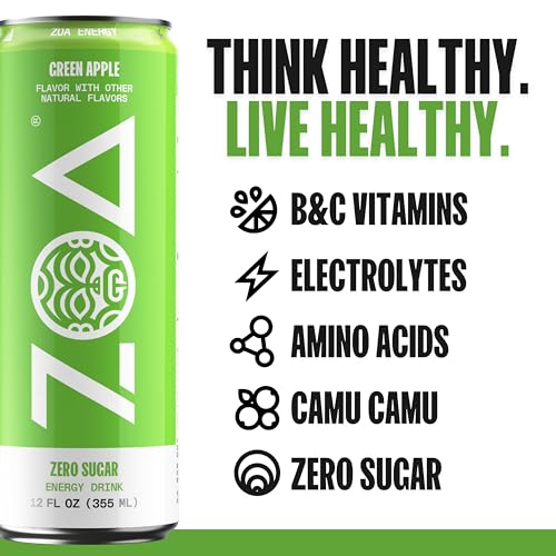 ZOA GREEN APPLE Sugar Free, Low Calorie Energy Drinks | Healthy B & C Vitamins | Electrolytes for Hydration | 160mg Caffeine from Green Tea | 12 Fl Oz Cans (12 Pack)