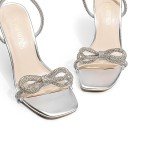 DREAM PAIRS Women's Double Bowknots Crystal Sandals Clear Slingback Heels Square Toe Shoes for Party Wedding,Size 8,SILVER,SDHS2389W