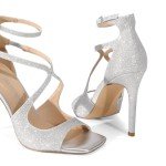 DREAM PAIRS Women's High Heels Sexy Cross Square Open Toe Strappy Dressy Sexy Stylish Stilettos Heels Sandals,Size 8.5,Silver-Glitter,SDHS2407W