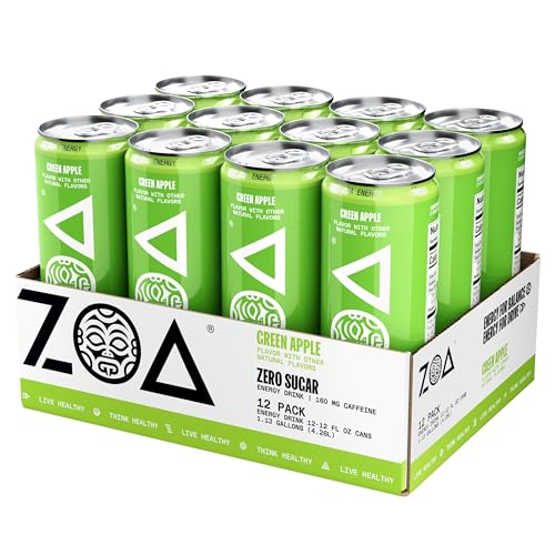 ZOA GREEN APPLE Sugar Free, Low Calorie Energy Drinks | Healthy B & C Vitamins | Electrolytes for Hydration | 160mg Caffeine from Green Tea | 12 Fl Oz Cans (12 Pack)