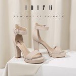 IDIFU Women's IN4 Sabrina Platform Chunky High Heels Ankle Strap Heeled Sandals Wedding Party Dress Shoes (8.5, Nude Nubuck)