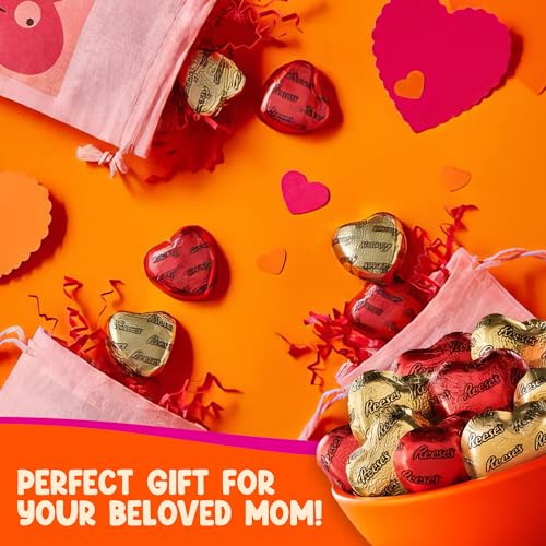 Reeces Peanut Butter Hearts Happy Mothers Day Chocolate, Milk Chocolate Peanut Butter Creme - 2 Pounds Approx 80 Hearts Gold & Red Foil Individually Wrapped Snacks - Perfect Chocolate Gift - Bulk Candy Mothers Day Chocolate Gift Box Candy Gift Basket