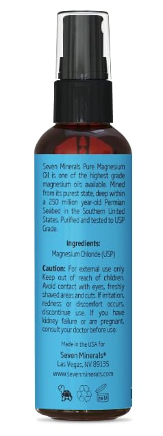 Seven Minerals Travel Size Pure Magnesium Oil - USP Grade Magnesium Spray, No Unhealthy Trace Minerals - from Ancient Underground Permian Seabed in USA, Free eBook Included (2 fl oz)