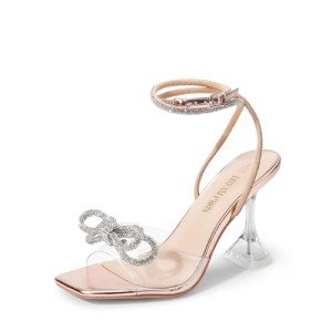 DREAM PAIRS Stiletto Bow Heels for Women Strappy Sparkly Rhinestone Square Toe Clear Crystal High Sandals for Party Wedding,Size 8,Rose Gold-Pu,SDHS2481W
