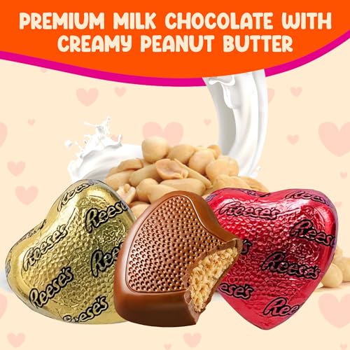 Reeces Peanut Butter Hearts Happy Mothers Day Chocolate, Milk Chocolate Peanut Butter Creme - 2 Pounds Approx 80 Hearts Gold & Red Foil Individually Wrapped Snacks - Perfect Chocolate Gift - Bulk Candy Mothers Day Chocolate Gift Box Candy Gift Basket