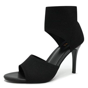 SICARE Peep Toe Heels for Women Sexy 3 Inches Stiletto High Heels for Women Dressy Slip On Comfortable Wide Stretchy Heels Knit Open Toe Booties Sandals Black Heels Sandals for Prom, Party and Work, Black, Size 8