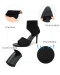 SICARE Peep Toe Heels for Women Sexy 3 Inches Stiletto High Heels for Women Dressy Slip On Comfortable Wide Stretchy Heels Knit Open Toe Booties Sandals Black Heels Sandals for Prom, Party and Work, Black, Size 8