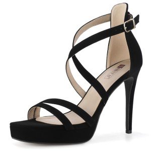 IDIFU Black Heels Platform Heels for Women Strappy High Heels Square Toe Heeled Sandlas Stiletto Heels Wedding Party Bridal Sexy Dress Shoes Open Toe Heels(Black Nubuck, 7)
