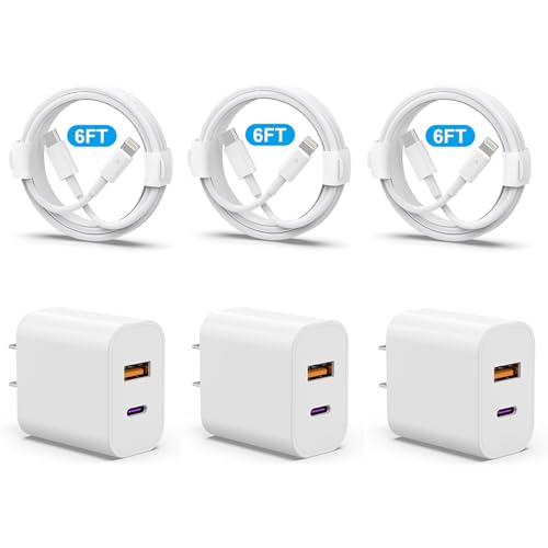 iPhone 14 13 Charger, USB C Charger [MFi Certified] 3Pack 20W PD USB C+QC3.0 USB A Dual Port Wall Charger with 6FT USB C to Lightning Cable Compatible with iPhone 14/13/12/Pro/Pro Max/XS/X/SE and More