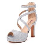 IDIFU Women's IN4 Platform Heels Strappy Chunky Heels For Women Dressy Peep Toe High Heels For Women Bridal Wedding Shoes For Bride On Evening Prom(Silver Glitter, 8 M US)
