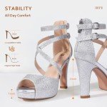 IDIFU Women's IN4 Platform Heels Strappy Chunky Heels For Women Dressy Peep Toe High Heels For Women Bridal Wedding Shoes For Bride On Evening Prom(Silver Glitter, 8 M US)