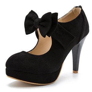 Women's Bow Heels Mary Jane High Heel Closed Toe Platform Vintage Dress Pumps Black Label Size 47 - US 13