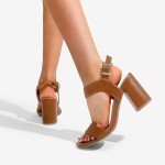 DREAM PAIRS Women's High Chunky Heels Square Toe Block Ankle Strap Dress Comfort Sandals,Size 8,Brown,SDHS2359W