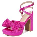 ALICEPUB Hot Pink Heels Chunky Platform Heels Bow Heels Open Toe Heeled Sandals 4 Inch High Heels Comfortable Wedding Bridal Heels Shoes, Size 9