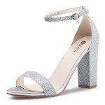 IDIFU Women's Silver Sparkly Chunky High Block Pump Heel Sandals Open Toe Ankle Strap Wedding Bride Bridesmaid Prom Dress Shoes