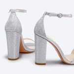 IDIFU Women's Silver Sparkly Chunky High Block Pump Heel Sandals Open Toe Ankle Strap Wedding Bride Bridesmaid Prom Dress Shoes