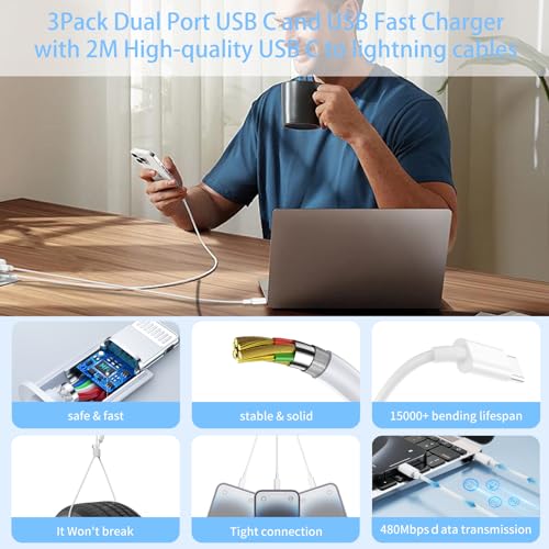 iPhone 14 13 Charger, USB C Charger [MFi Certified] 3Pack 20W PD USB C+QC3.0 USB A Dual Port Wall Charger with 6FT USB C to Lightning Cable Compatible with iPhone 14/13/12/Pro/Pro Max/XS/X/SE and More