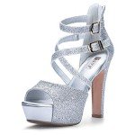 IDIFU Women's IN5 Charcy Crisscross Strappy Platform High Chunky Heels Peep Toe Pump Party Heeled Sandals(9 M US, Silver Glitter)