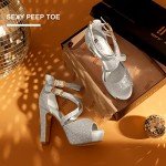 IDIFU Women's IN5 Charcy Crisscross Strappy Platform High Chunky Heels Peep Toe Pump Party Heeled Sandals(9 M US, Silver Glitter)