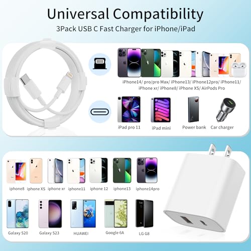 iPhone 14 13 Charger, USB C Charger [MFi Certified] 3Pack 20W PD USB C+QC3.0 USB A Dual Port Wall Charger with 6FT USB C to Lightning Cable Compatible with iPhone 14/13/12/Pro/Pro Max/XS/X/SE and More