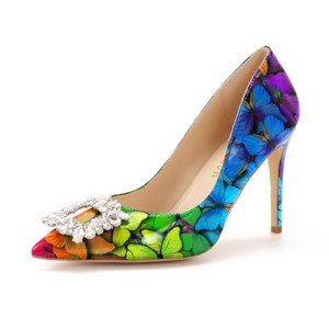 Reindee Lusion Women's Orange Blue Multicolor Butterfly Pearl Jewel Shoes/Colorful Jewel Printed Heels Pumps/Party Prom Trendy Club Stiletto High Heels/Party Colorful Printed Sexy Heels Shoes Size 12