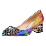 YDN Women Pointed Toe Bow Pumps Colorful Rhinestones Block High Heel Butterfly Slip On Fashion Party Dance Shoe Size 10 Multi