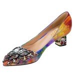YDN Women Pointed Toe Bow Pumps Colorful Rhinestones Block High Heel Butterfly Slip On Fashion Party Dance Shoe Size 10 Multi