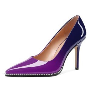 SAMMITOP Women's High Heel Pumps Pointed Toe Slip On Stiletto Heels Beaded Pumps Shoes Women Dress Sexy Heels 3.5 Inch Purple Navy US Size 6.5