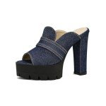 Alsoloveu Women's Chunky Platform Heels Denim Peep Open Toe Chunky Block High Heels Sandals Comfortable Slip on Party Dress Shoes Size US 12, Dark Blue