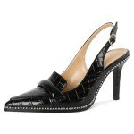 SAMMITOP Women's Slingback Stiletto High Heels Pointed Toe Metal Buckle Beaded Pumps Loafers Crocodile Print Fashion Work Office Dress Shoes 3.5 Inch Black US Size 8 R