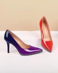 SAMMITOP Women's High Heel Pumps Pointed Toe Slip On Stiletto Heels Beaded Pumps Shoes Women Dress Sexy Heels 3.5 Inch Purple Navy US Size 6.5