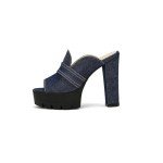 Alsoloveu Women's Chunky Platform Heels Denim Peep Open Toe Chunky Block High Heels Sandals Comfortable Slip on Party Dress Shoes Size US 12, Dark Blue