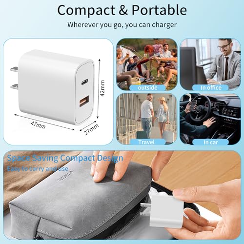 iPhone 14 13 Charger, USB C Charger [MFi Certified] 3Pack 20W PD USB C+QC3.0 USB A Dual Port Wall Charger with 6FT USB C to Lightning Cable Compatible with iPhone 14/13/12/Pro/Pro Max/XS/X/SE and More
