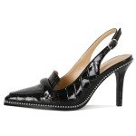 SAMMITOP Women's Slingback Stiletto High Heels Pointed Toe Metal Buckle Beaded Pumps Loafers Crocodile Print Fashion Work Office Dress Shoes 3.5 Inch Black US Size 8 R