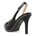SAMMITOP Women's Slingback Stiletto High Heels Pointed Toe Metal Buckle Beaded Pumps Loafers Crocodile Print Fashion Work Office Dress Shoes 3.5 Inch Black US Size 8 R