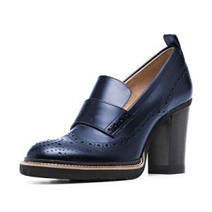 YDN Womens Chunky High Heel Round Toe Oxford Loafer Shoes Slip On Leather Office Work Pumps Size 11 Navy