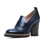 YDN Womens Chunky High Heel Round Toe Oxford Loafer Shoes Slip On Leather Office Work Pumps Size 11 Navy